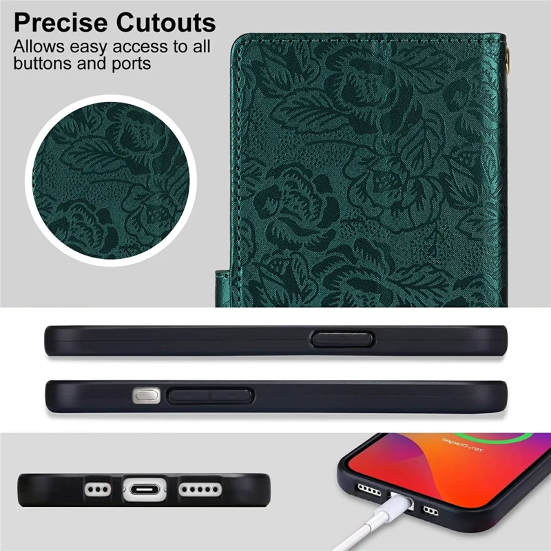 For Samsung Galaxy S24+ Case with Hand Strap Flower Imprint Leather Wallet Phone Cover - Green