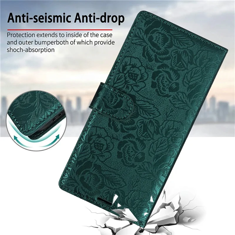For Samsung Galaxy S24+ Case with Hand Strap Flower Imprint Leather Wallet Phone Cover - Green