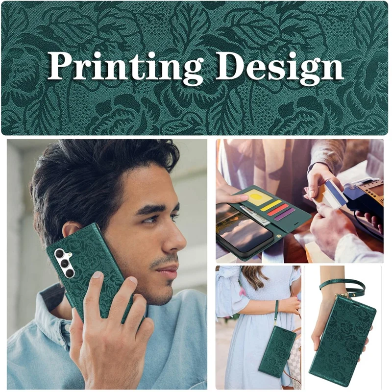 For Samsung Galaxy S24+ Case with Hand Strap Flower Imprint Leather Wallet Phone Cover - Green