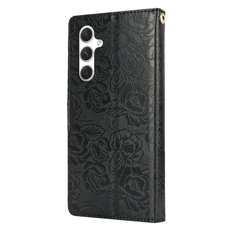 For Samsung Galaxy S24 Case with Hand Strap Flower Imprint Leather Wallet Phone Cover - Black