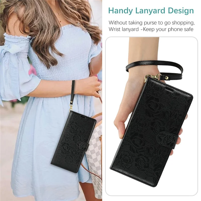 For Samsung Galaxy S24 Case with Hand Strap Flower Imprint Leather Wallet Phone Cover - Black