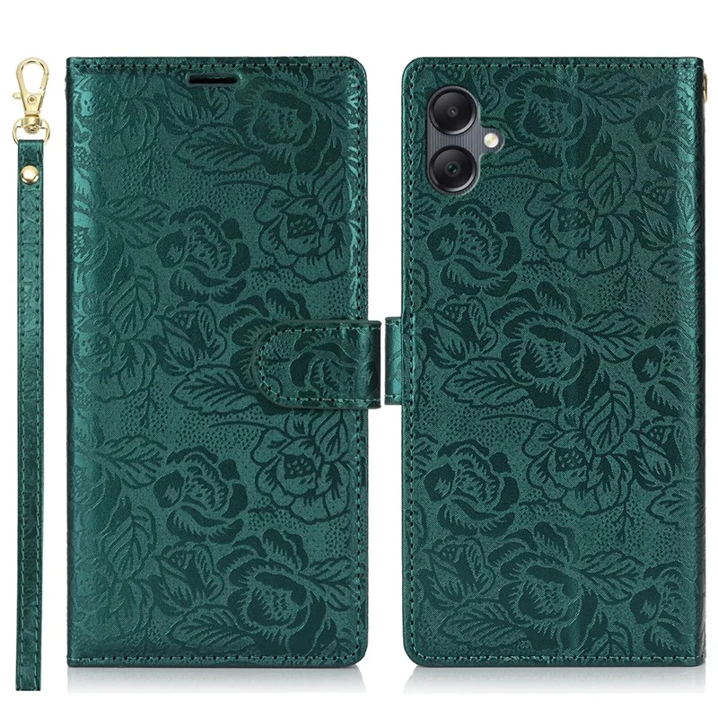 For Samsung Galaxy A05 4G Case with Hand Strap Flower Imprint Leather Wallet Phone Cover - Green