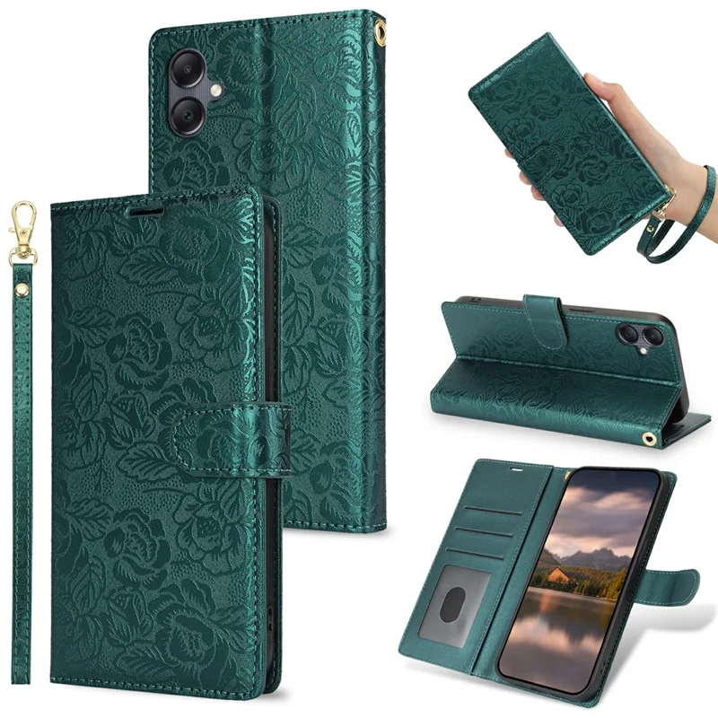 For Samsung Galaxy A05 4G Case with Hand Strap Flower Imprint Leather Wallet Phone Cover - Green
