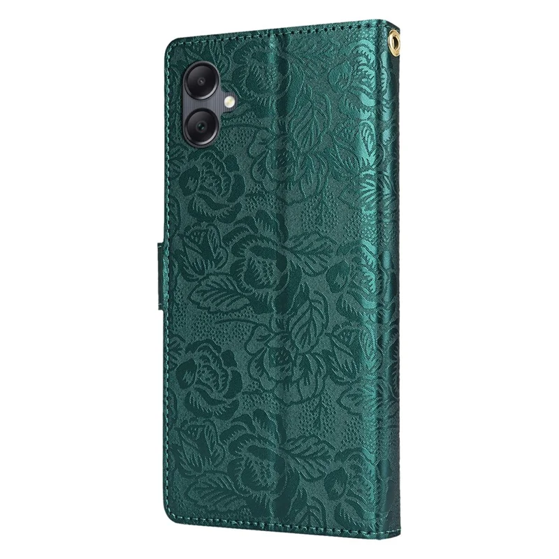 For Samsung Galaxy A05 4G Case with Hand Strap Flower Imprint Leather Wallet Phone Cover - Green