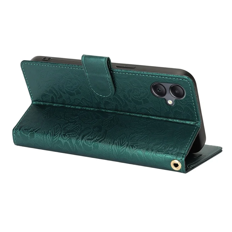For Samsung Galaxy A05 4G Case with Hand Strap Flower Imprint Leather Wallet Phone Cover - Green