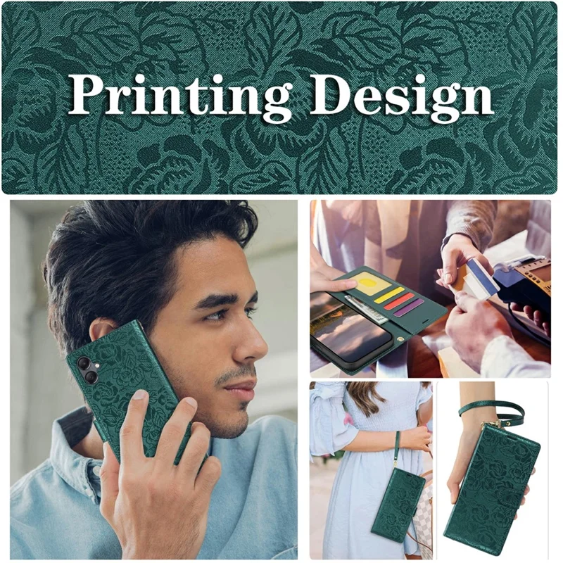 For Samsung Galaxy A05 4G Case with Hand Strap Flower Imprint Leather Wallet Phone Cover - Green