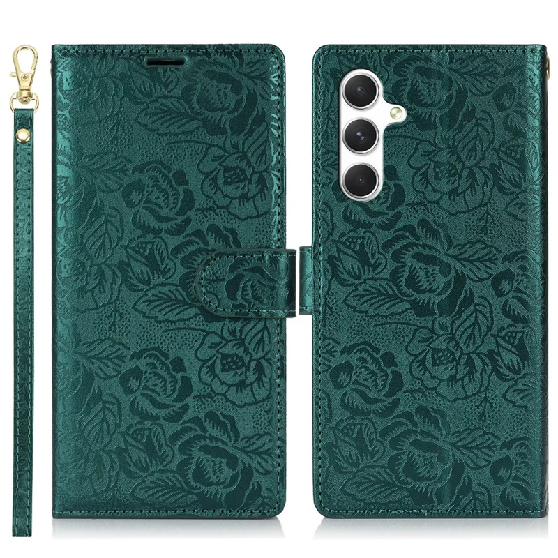 For Samsung Galaxy A35 5G Case with Hand Strap Flower Imprint Leather Wallet Phone Cover - Green