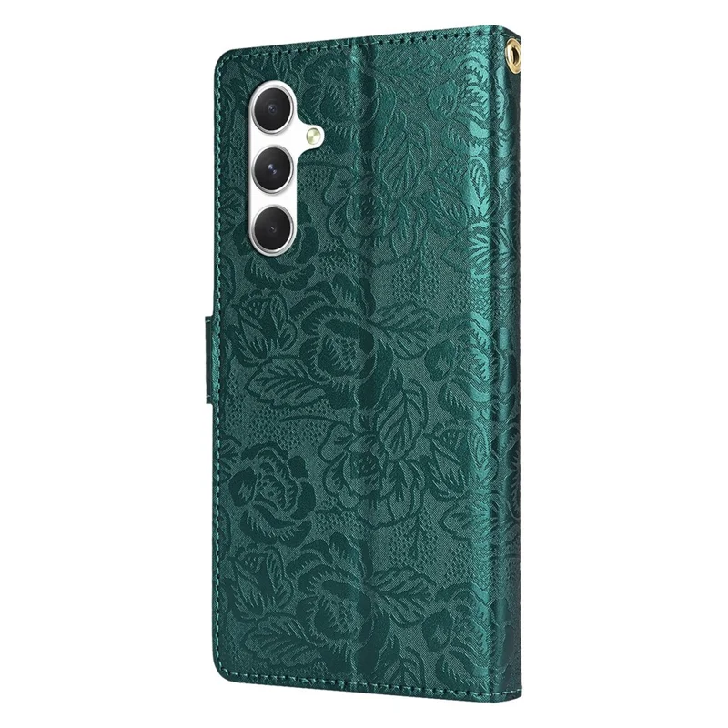 For Samsung Galaxy A35 5G Case with Hand Strap Flower Imprint Leather Wallet Phone Cover - Green