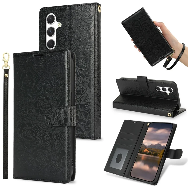 For Samsung Galaxy A35 5G Case with Hand Strap Flower Imprint Leather Wallet Phone Cover - Black