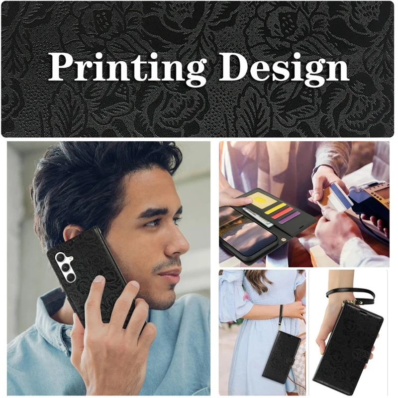 For Samsung Galaxy A35 5G Case with Hand Strap Flower Imprint Leather Wallet Phone Cover - Black