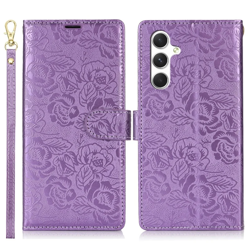 For Samsung Galaxy A36 5G Case with Hand Strap Flower Imprint Leather Wallet Phone Cover - Purple