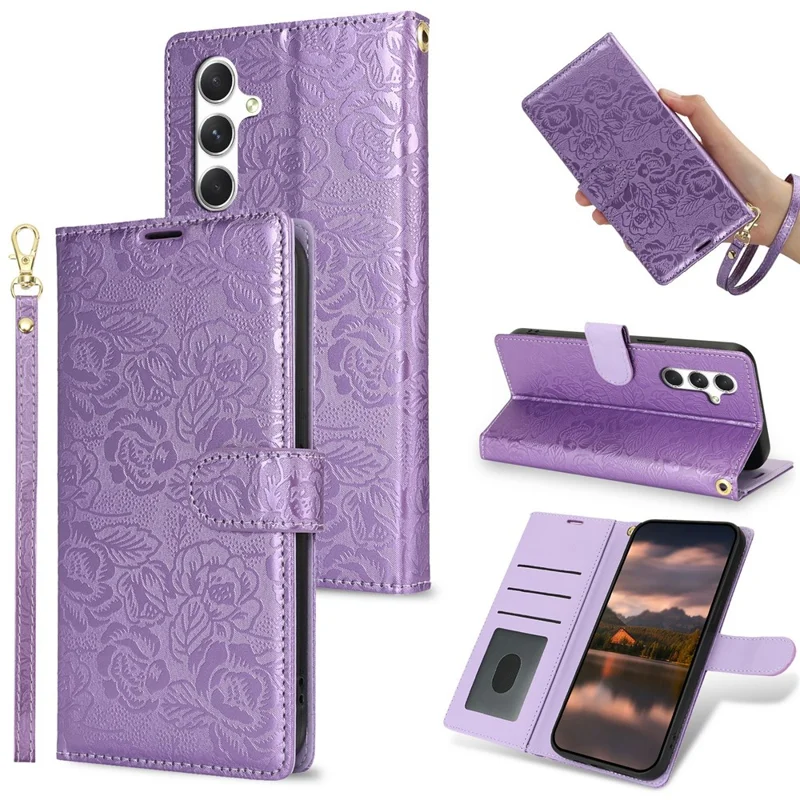 For Samsung Galaxy A36 5G Case with Hand Strap Flower Imprint Leather Wallet Phone Cover - Purple