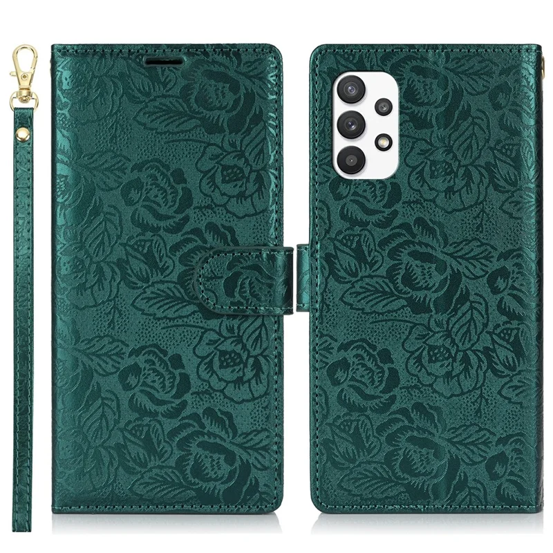 For Samsung Galaxy A13 4G / 5G Case with Hand Strap Flower Imprint Leather Wallet Phone Cover - Green