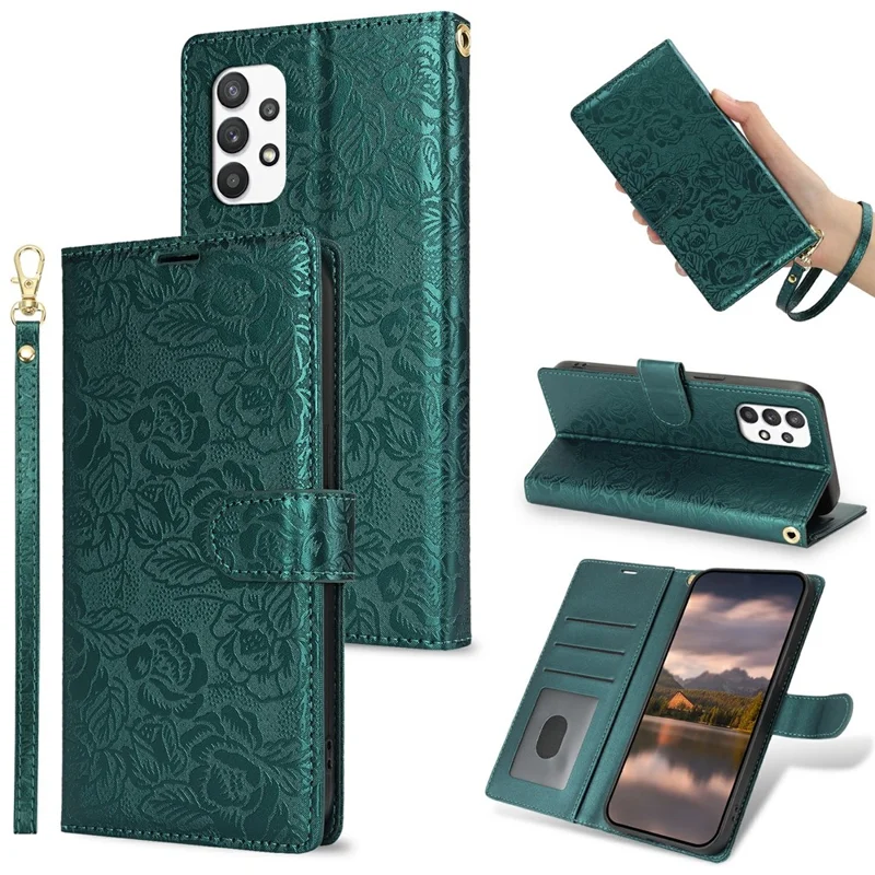 For Samsung Galaxy A13 4G / 5G Case with Hand Strap Flower Imprint Leather Wallet Phone Cover - Green