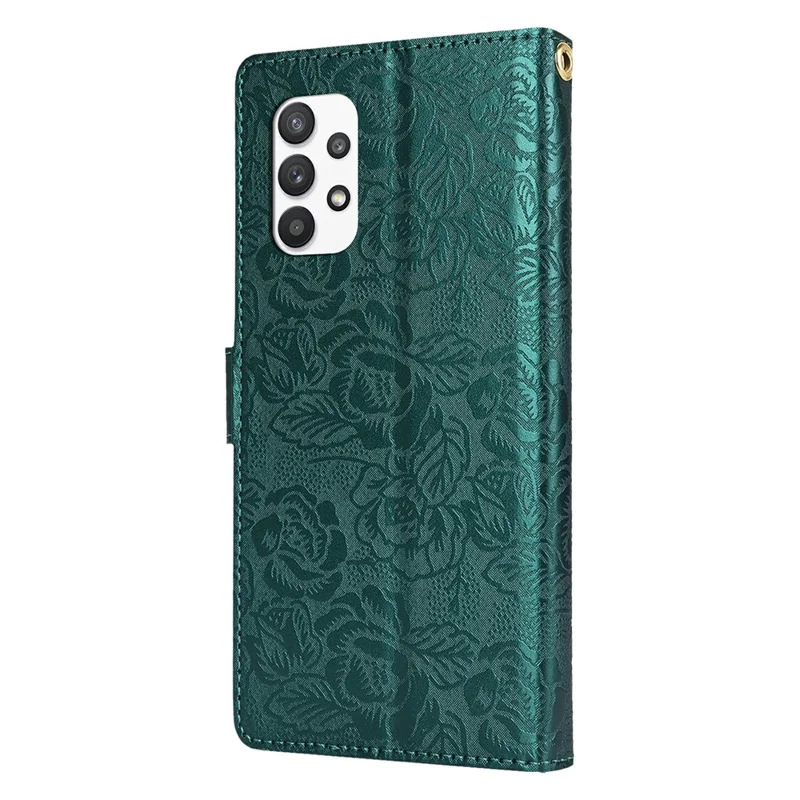For Samsung Galaxy A13 4G / 5G Case with Hand Strap Flower Imprint Leather Wallet Phone Cover - Green