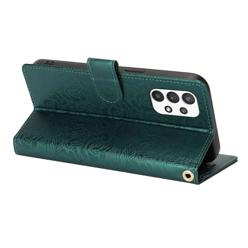 For Samsung Galaxy A13 4G / 5G Case with Hand Strap Flower Imprint Leather Wallet Phone Cover - Green
