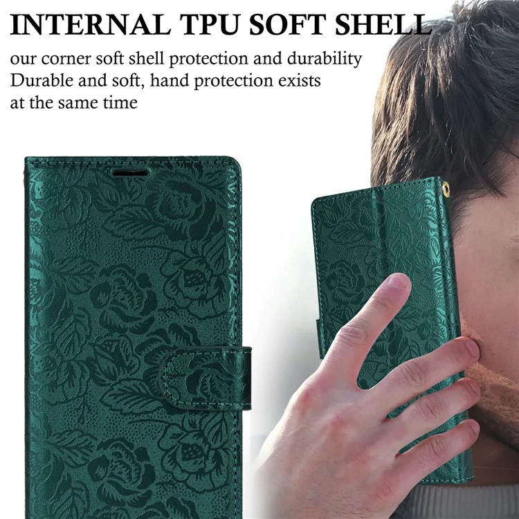 For Samsung Galaxy S23 FE Case with Hand Strap Flower Imprint Leather Wallet Phone Cover - Green