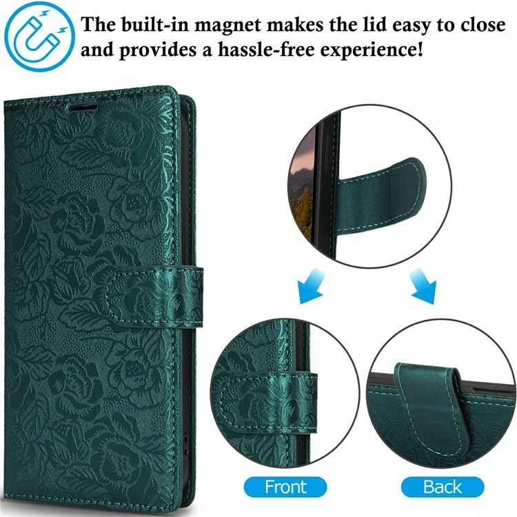 For Samsung Galaxy S23 FE Case with Hand Strap Flower Imprint Leather Wallet Phone Cover - Green
