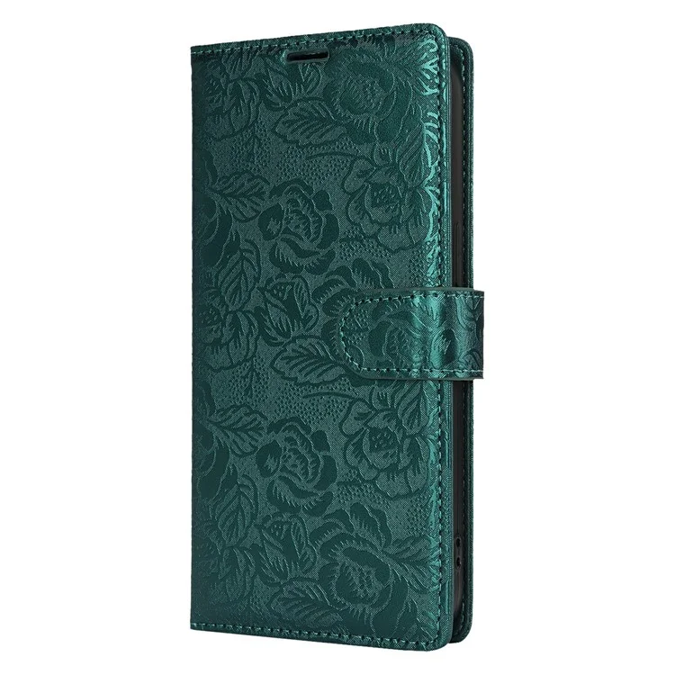 For Samsung Galaxy S23 FE Case with Hand Strap Flower Imprint Leather Wallet Phone Cover - Green