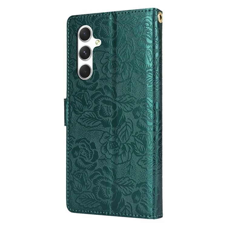 For Samsung Galaxy S23 FE Case with Hand Strap Flower Imprint Leather Wallet Phone Cover - Green