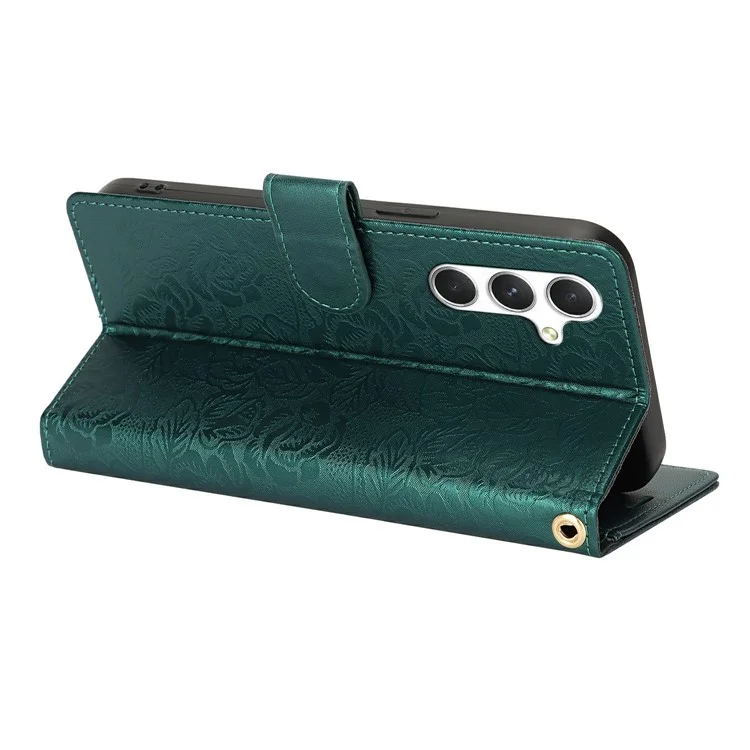 For Samsung Galaxy S23 FE Case with Hand Strap Flower Imprint Leather Wallet Phone Cover - Green