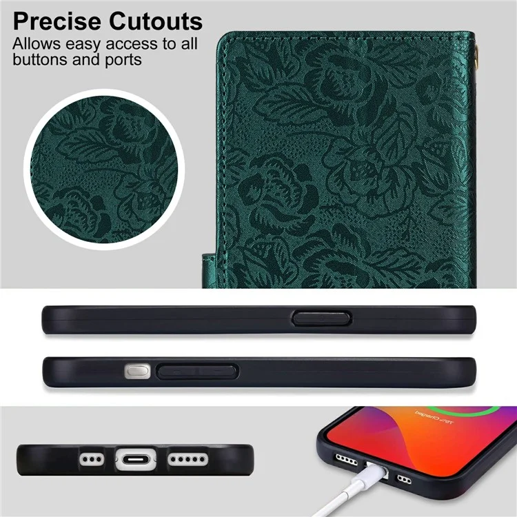 For Samsung Galaxy S23 FE Case with Hand Strap Flower Imprint Leather Wallet Phone Cover - Green