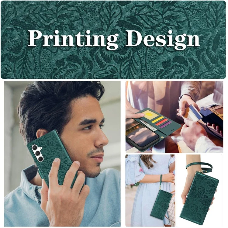 For Samsung Galaxy S23 FE Case with Hand Strap Flower Imprint Leather Wallet Phone Cover - Green