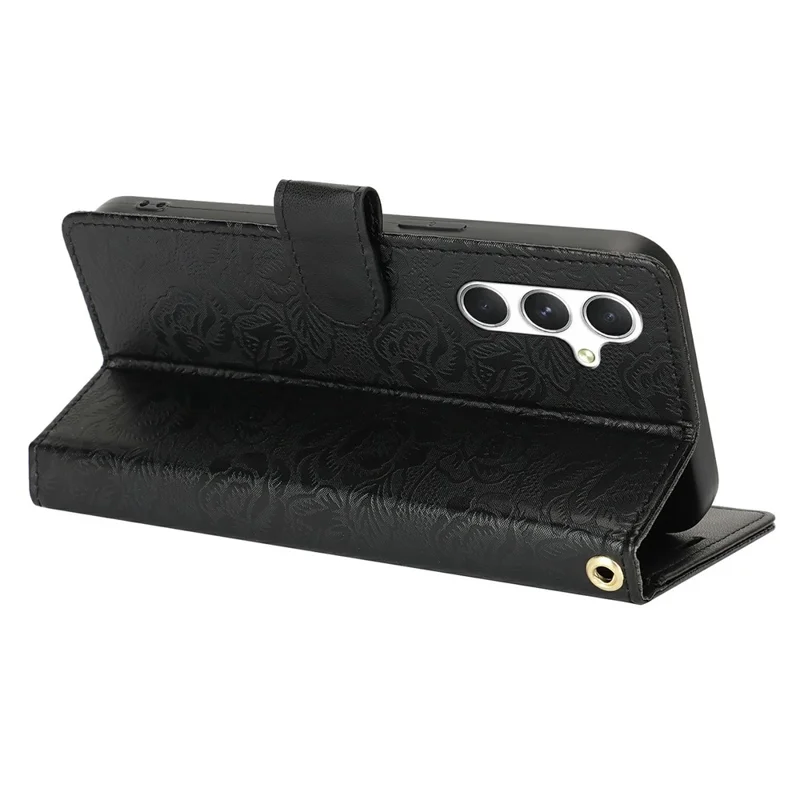 For Samsung Galaxy S23 FE Case with Hand Strap Flower Imprint Leather Wallet Phone Cover - Black
