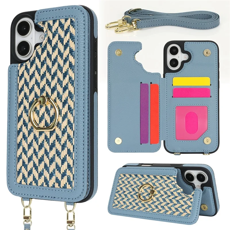 For iPhone 16 Case with Card Holder, Strap, Kickstand PU+TPU Phone Back Cover Support RFID Blocking - Blue
