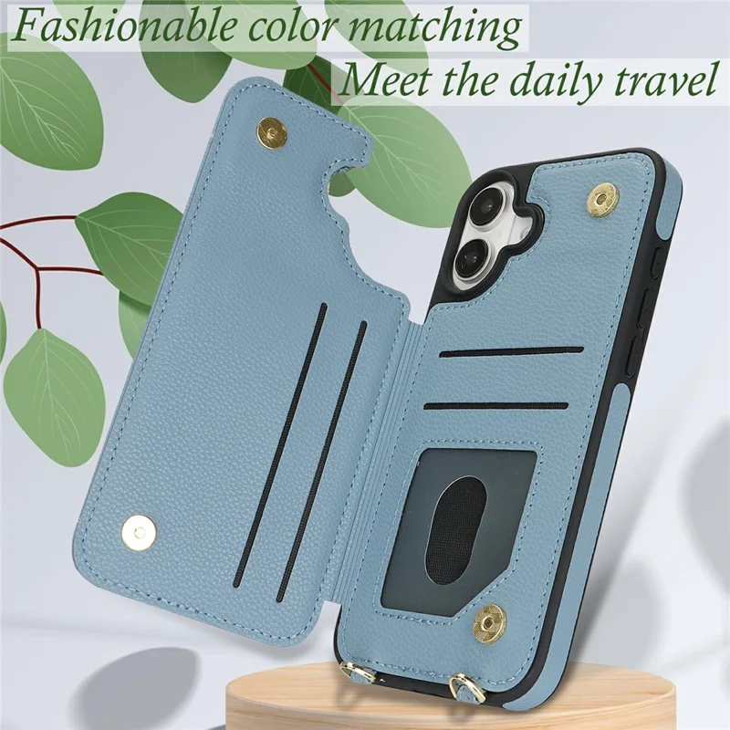 For iPhone 16 Case with Card Holder, Strap, Kickstand PU+TPU Phone Back Cover Support RFID Blocking - Blue
