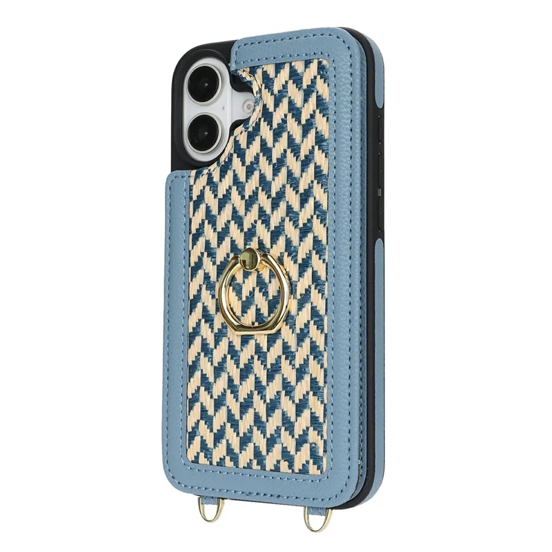For iPhone 16 Case with Card Holder, Strap, Kickstand PU+TPU Phone Back Cover Support RFID Blocking - Blue