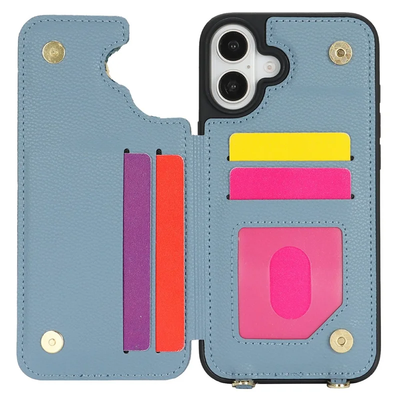 For iPhone 16 Case with Card Holder, Strap, Kickstand PU+TPU Phone Back Cover Support RFID Blocking - Blue