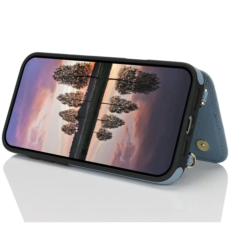 For iPhone 16 Case with Card Holder, Strap, Kickstand PU+TPU Phone Back Cover Support RFID Blocking - Blue