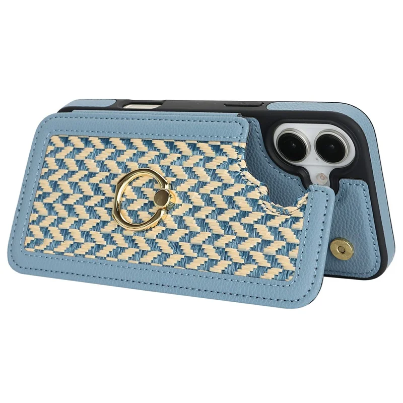 For iPhone 16 Case with Card Holder, Strap, Kickstand PU+TPU Phone Back Cover Support RFID Blocking - Blue