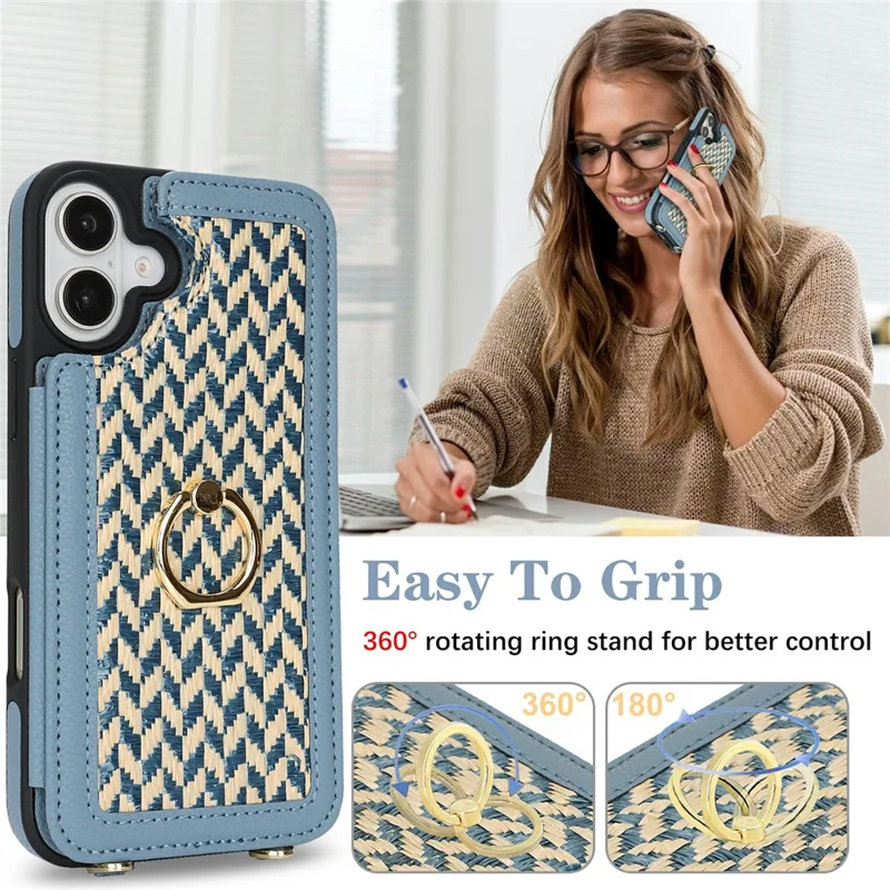 For iPhone 16 Case with Card Holder, Strap, Kickstand PU+TPU Phone Back Cover Support RFID Blocking - Blue