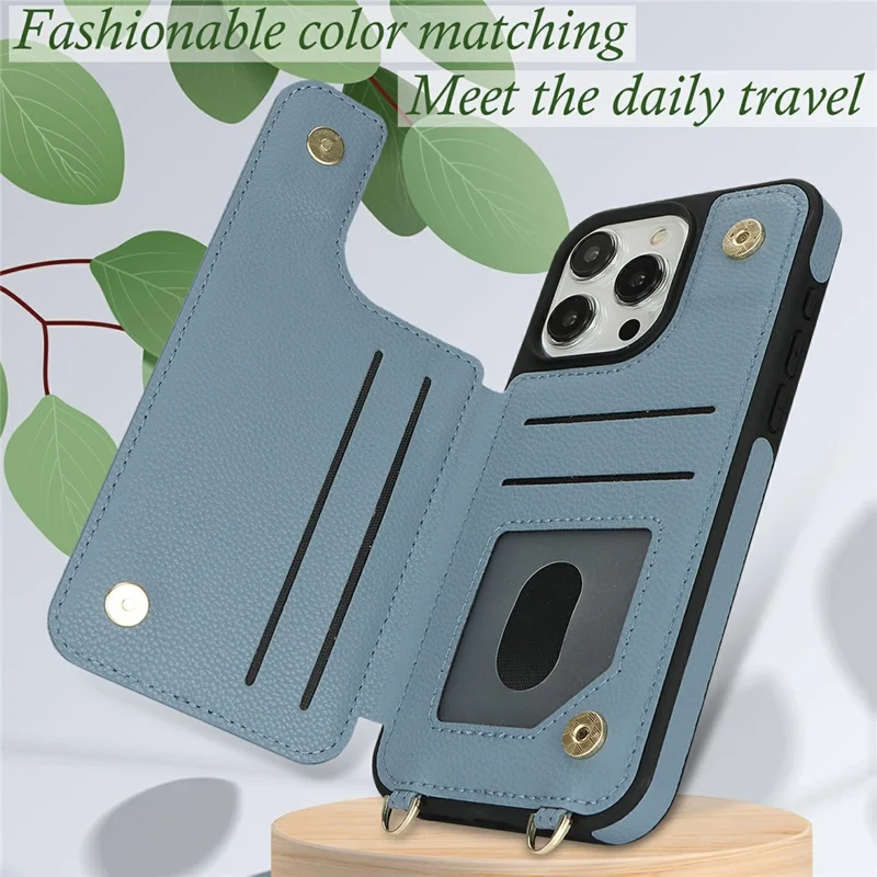 For iPhone 16 Pro Max Case with Card Holder, Strap, Kickstand PU+TPU Phone Back Cover Support RFID Blocking - Blue