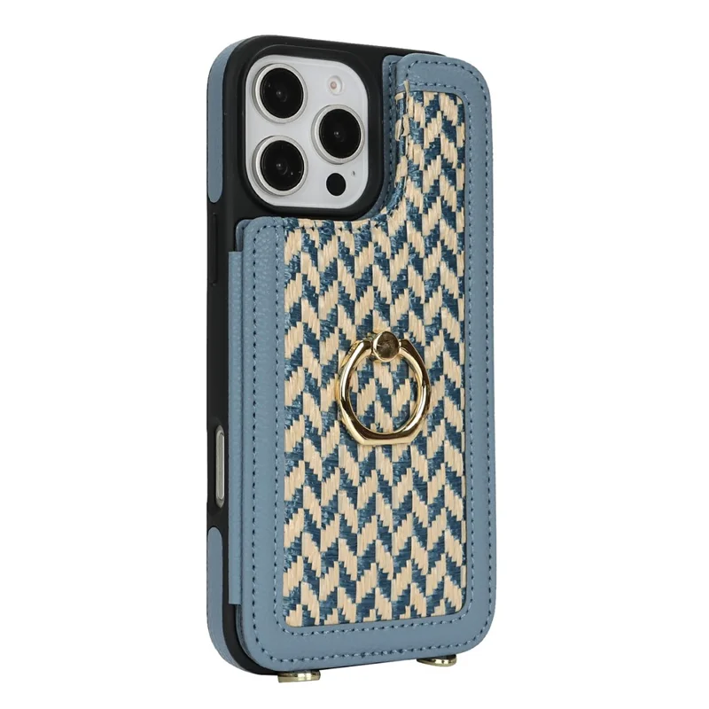 For iPhone 16 Pro Max Case with Card Holder, Strap, Kickstand PU+TPU Phone Back Cover Support RFID Blocking - Blue