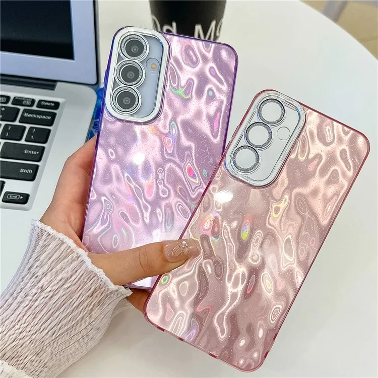 For Samsung Galaxy A16 4G / 5G Case IMD Design Shockproof PC+TPU Phone Cover with Glass Lens Film - Wrinkle Pattern / Pink