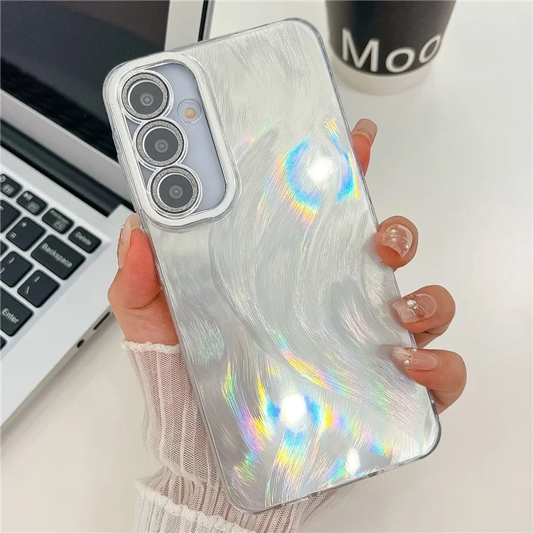 For Samsung Galaxy A16 4G / 5G Case IMD Design Shockproof PC+TPU Phone Cover with Glass Lens Film - Feather Yarn Pattern / Silver