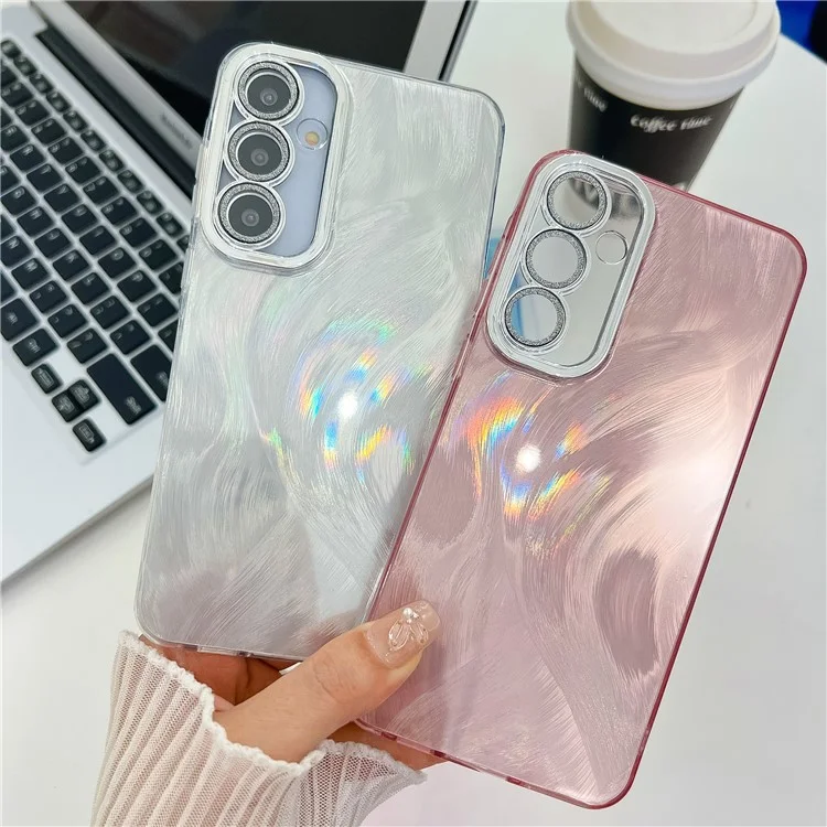 For Samsung Galaxy A16 4G / 5G Case IMD Design Shockproof PC+TPU Phone Cover with Glass Lens Film - Feather Yarn Pattern / Silver