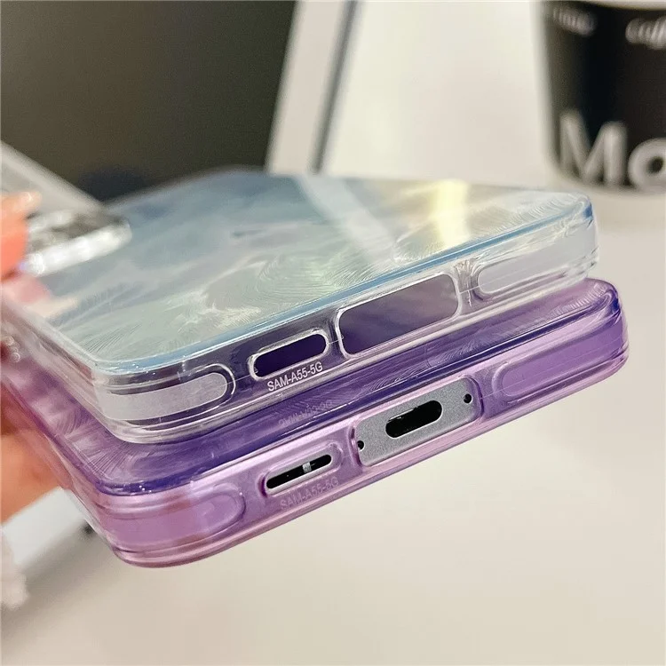 For Samsung Galaxy A16 4G / 5G Case IMD Design Shockproof PC+TPU Phone Cover with Glass Lens Film - Feather Yarn Pattern / Silver
