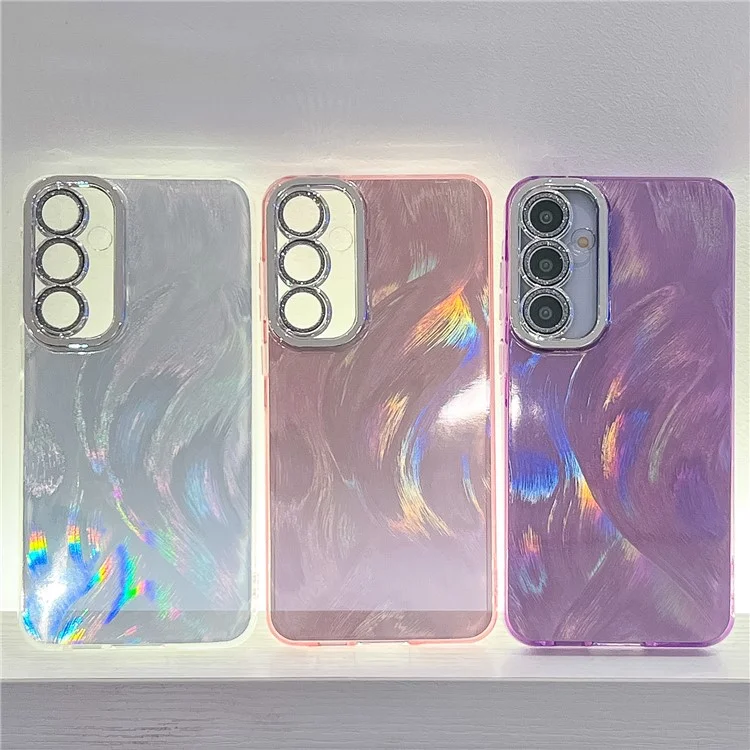 For Samsung Galaxy A16 4G / 5G Case IMD Design Shockproof PC+TPU Phone Cover with Glass Lens Film - Feather Yarn Pattern / Silver