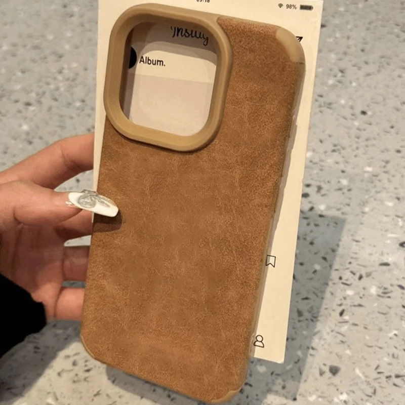 For iPhone 15 Pro Max Hoesje Pluizig Leren Gecoate TPU Achterkant Telefoonhoesje