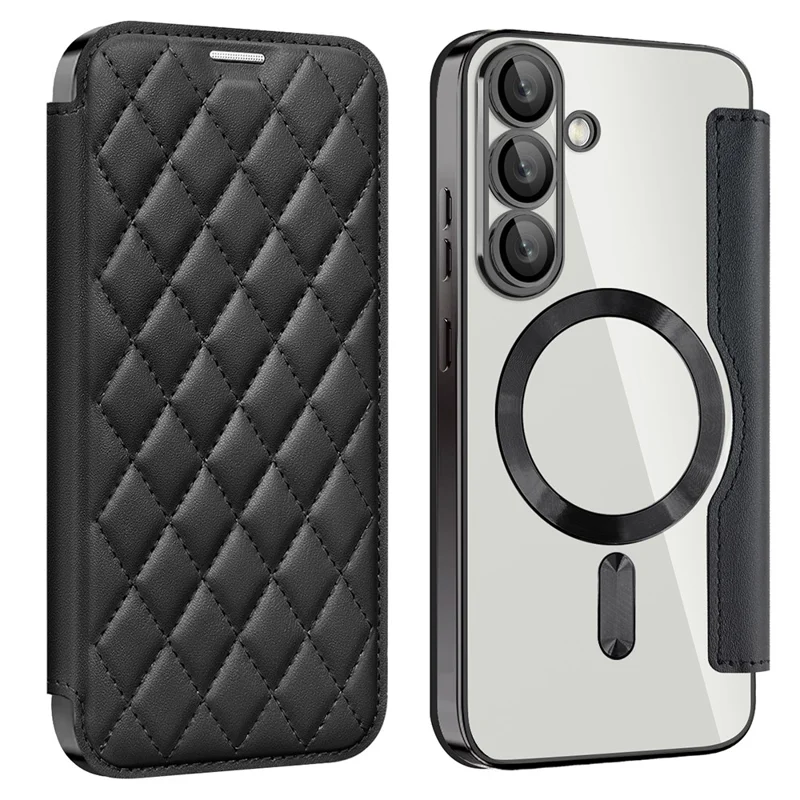 For Samsung Galaxy S25 Case Compatible with MagSafe Rhombus PU Leather Phone Cover - Black