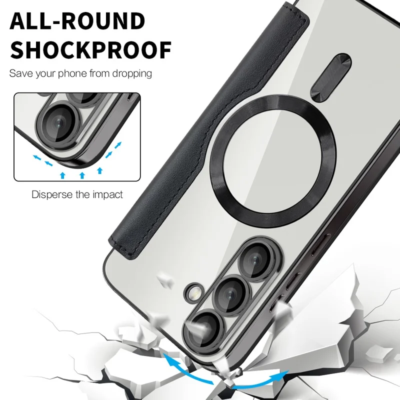 For Samsung Galaxy S25 Case Compatible with MagSafe Rhombus PU Leather Phone Cover - Black