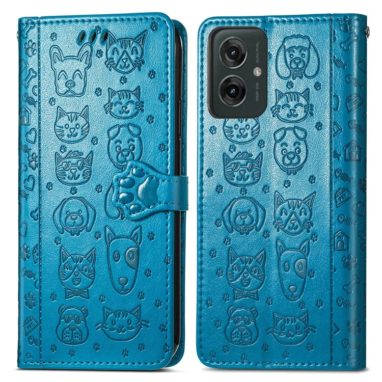 For Motorola Moto G55 5G Case Leather Wallet Flip Phone Cover Cute Cat Dog Pattern - Blue