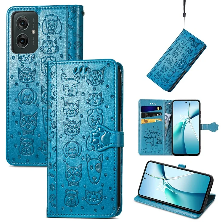For Motorola Moto G55 5G Case Leather Wallet Flip Phone Cover Cute Cat Dog Pattern - Blue