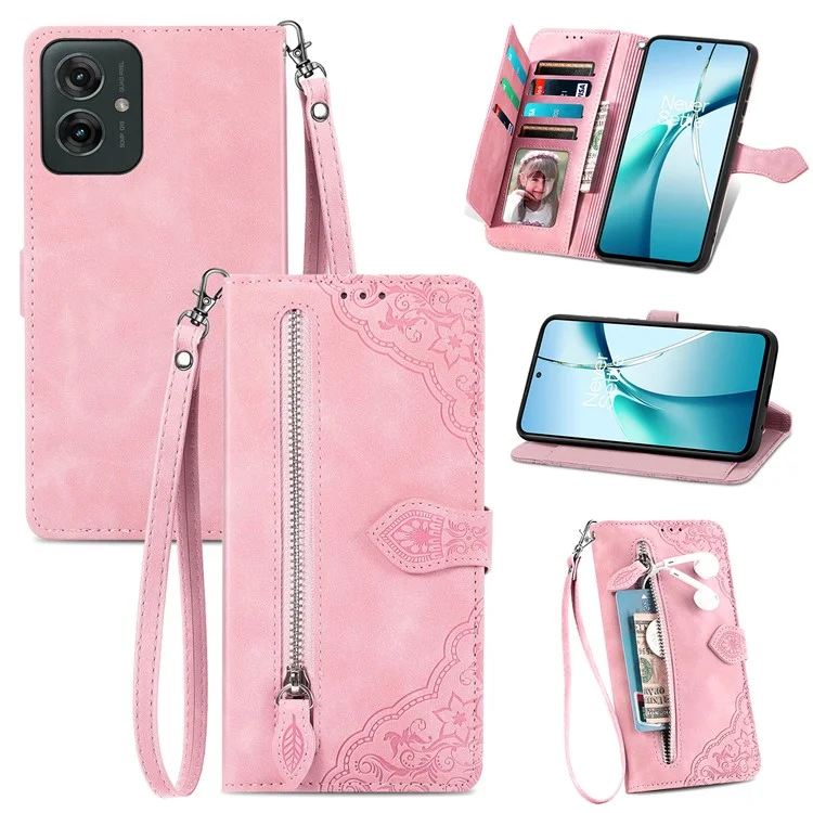 For Motorola Moto G55 5G Zipper Wallet Case with Strap Flower Imprint PU Leather Phone Cover - Pink