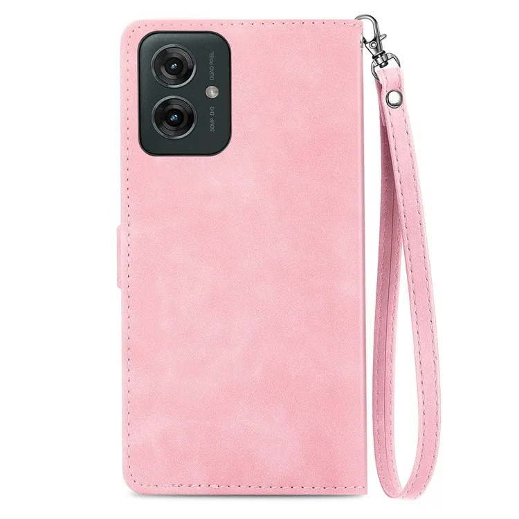 For Motorola Moto G55 5G Zipper Wallet Case with Strap Flower Imprint PU Leather Phone Cover - Pink