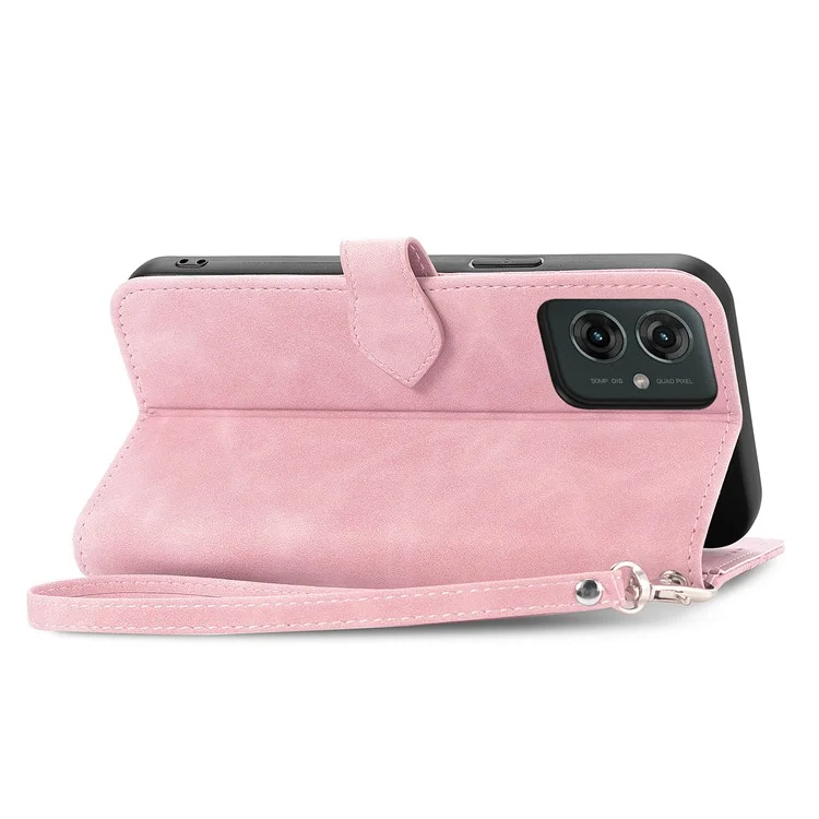 For Motorola Moto G55 5G Zipper Wallet Case with Strap Flower Imprint PU Leather Phone Cover - Pink